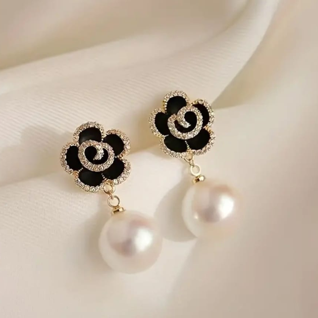Black Rose Pearl Drop Earrings
